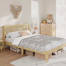 GarveeHome Queen Bed Frame with Natural Rattan Headboard, Metal Platform and Strong Wooden Slats Support, Boho Cane Mattress Foundation, No Box Spring Needed, Stylish & Sturdy Bedroom Furniture
