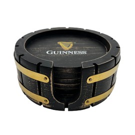 Guinness Coaster Set with Holder - 6 Pack, Beer Barrel Wood Design, Perfect for Home Bars and Parties Compatible
