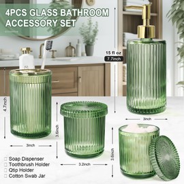 Green Glass Bathroom Accessories 4 Pcs, Green Bathroom Set, Soap Dispenser and Toothbrush Holder Set, Qtip Holder Set, Vintage Bathroom Sink Set, Cute Bathroom Decor