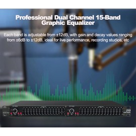 Digital Graphic Equalizer, Dual Channel 15-Band Stereo Equalizer for Home Audio, Professional Stereo EQ DJ Equalizer, 1U Rack Mount, By-Pass & Low-Cut Switch, Noise Reduction (EQ-215)