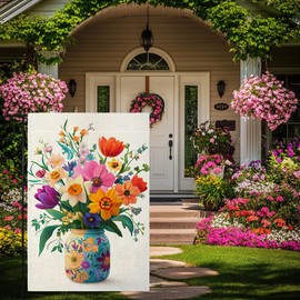 Spring Summer Colorful Floral Mason Jar Garden Flag 12x18 Inch Double Sided Tulip Daffodil Flower Yard Outdoor Flag House Holiday Outside Decoration Burlap
