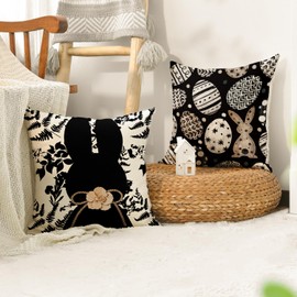 AVOIN colorlife Happy Easter Be Hoppy Rabbit Easter Eggs Black Throw Pillow Covers, 18 x 18 Inch Cushion Case Decoration for Sofa Couch Set of 4