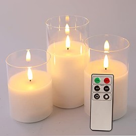 Eywamage Clear Glass Flameless Candles with Remote, Flickering Realistic LED Battery Pillar Candles D 3" H 4" 5" 6"