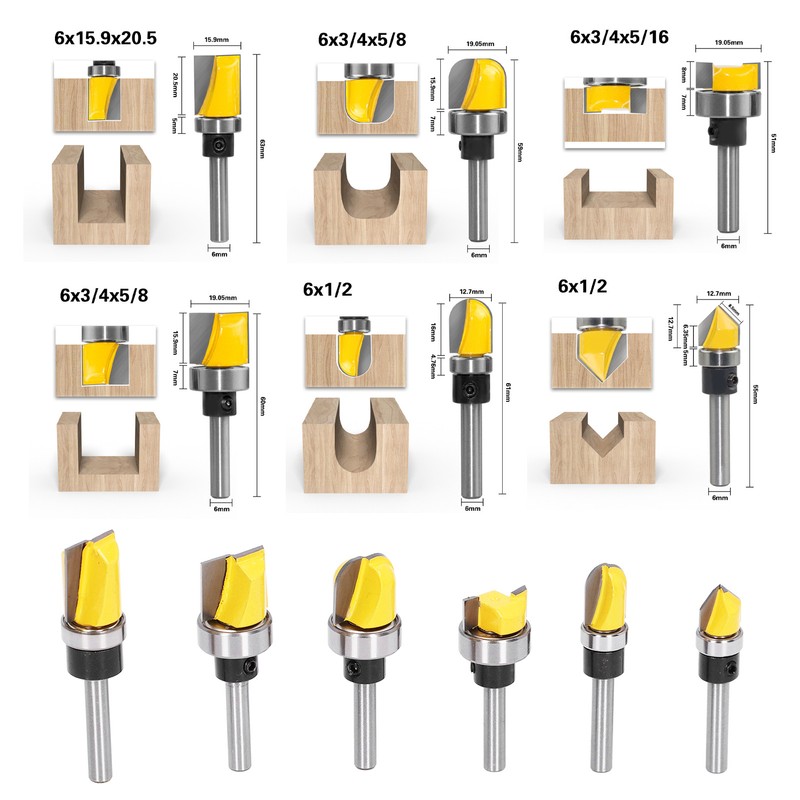 6Pcs Flush Trim Bit 6mm Shank Pattern Router with Bearing