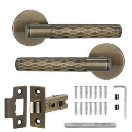 Decoranddecor Tore Lever On Rose Door Handles – Diamond Pattern Antique Brass Handle Set with 2.5-Inch Tubular Latch for Bedrooms, Bathrooms & Living Spaces