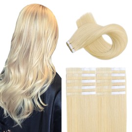 XDhair Haarverlängerung, Echthaar, selbstklebend, Blond, Platinblond, natürliches Band, glatt, Echthaar, 20 Stück/50 g, 35,6 cm (#60-14)