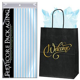 Flexicore Packaging Black Kraft Paper Welcome Bags & Light Blue Gift Wrap Tissue Paper | Size: 8 Inch X 4.75 Inch X 10.5 Inch | Count: 5 Bags | Color: Light Blue Pin Stripe