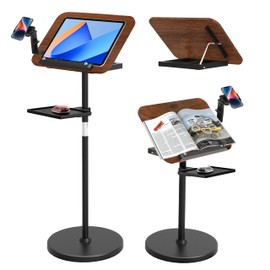 2 in 1 Adjustable Music Stand for Sheet Music, Dual Use Desktop and Floor, Book Stand with Tray & Elastic Page Clips for Music Sheet, Recipe, Tablet, Laptop Height Adjustable 23.5-52 in (Walnut)