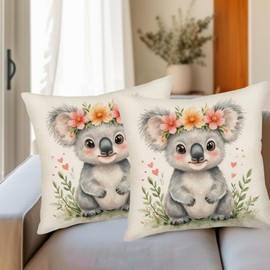 Fukeen Koala Throw Pillow Covers 18x18 Inch Set of 2 Cute Animals Koala Floral Wreath Leaf Pillow Cases Spring Farmhouse Decorative Cushion Cover for Sofa Couch