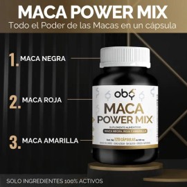 Oby Maca Power Mix | 3 Maca Peruana Orgánica 1000mg: Maca Negra, Maca Roja y Amarilla | Alta Pureza | Suplemento Alimenticio Vegano | Testo 120 Capsulas Sin Rellenos
