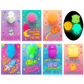 JOYIN JOYIN 28 Pack Valentines Day Gift Cards with Cute Kawaii Mochi Squishy Toy to Squeeze Glow in The Dark Stress Relief Fidget Toy for Kids, Classroom Exchange Prizes Valentine Party Favor Toy