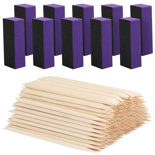 210pcs Nail Buffers Kit- 200pcs Orange Sticks Pedicure Wood Cuticle Pushers - 10pcs Nail Buffer Blocks 80/120