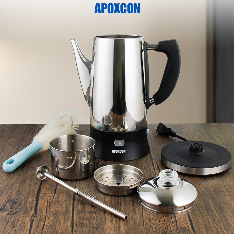 APOXCON Electric Coffee Percolator Stainless Steel Coffee Maker with Clear