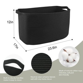 MEGASKET Extra Large Rectangle Storage Basket, 23.6" x 17" x 12" Black Blanket Basket Living Room, Big Cotton Rope Shoe Blanket Storage Bin, Woven Kids Dog Toy Bin Box Organizer, Wicker Laundry Basket