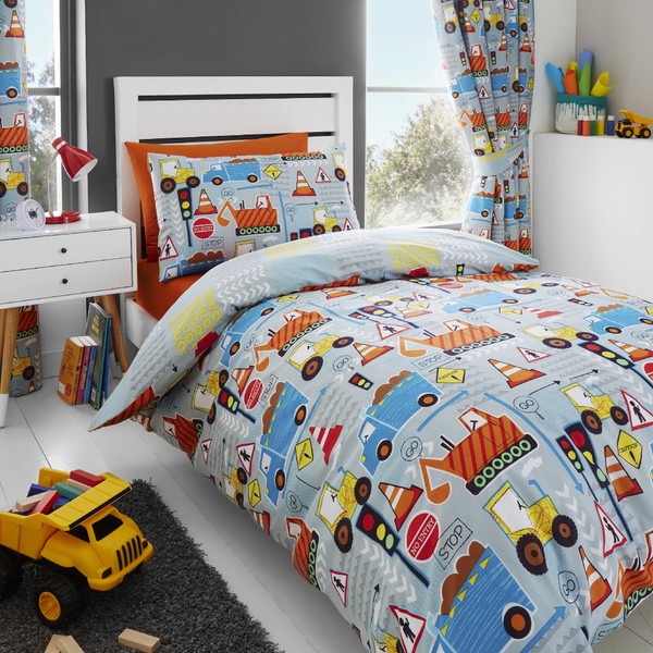 Happy Linen Company Kids Boys Big Digger Trucks Grey Toddler Cot Bed Reversible Duvet Cover Bedding Set