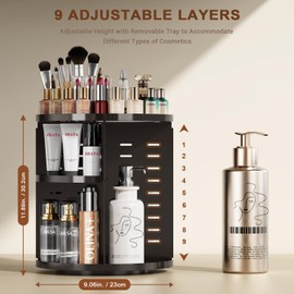 Auxmir Rotating Makeup Organizer, DIY 9 Adjustable Layers Spinning Skincare Organizer, Cosmetic Organizer with Brush Holder Perfume Tray, Multi-Function Storage Carousel for Vanity Bathroom Countertop