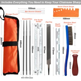 Universal Chainsaw Field Sharpening Kit Chainsaw Chain Sharpener File Kit with 5/32" 3/16" 7/32" Round Files Flat File Wood Handle Filing Guide Pouch Depth Gauge & Wire Brush for Sharpening Chainsaw