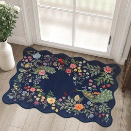 Rugalia Washable Scalloped Floral Entryway Rug, 2x3 Blue Non-Slip Boho Indoor Door Mat Ultra Thin Soft Small Kitchen Rug, Modern Botanical Peacock Throw Carpet for Bathroom Entrance Bedroom