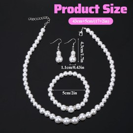 Lnngub 3 Pcs Pearl Necklace and Earring Bracelet Set,8mm Faux Pearl Jewelry Set for Women White Pearl Necklace for Girls Women Best Gift For Birthday Valentine'S Day