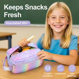 Bagseri Kids Snack Bag Girls - Small Reusable and Insulated Lunch Bag for Girls, Collapsible Mini Lunch Box with Buckle Handle for School and Daycare, Glitter Mermaid Scale