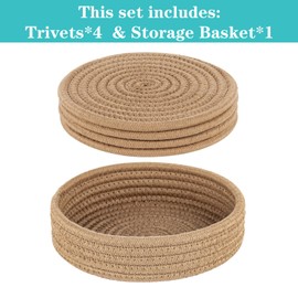 Trivets for Hot Dishes, Trivets for Hot Pots and Pans, Hot Pads for Countertops, Coasters 4 Pcs and Storage Basket 1 Pack, Pot Holders for Kitchen, Cotton Hot Mats Cooking Pad Protect Table (Khaki)