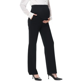 URBEST Women's Maternity Straight Leg Pants - Stretchy Over The Belly Dress Pants for Work and Office - Comfortable Pregnancy Pants with Pockets 32" Inseam Black XXL