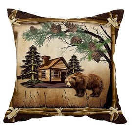 Cariwotan Retro Brown Bear Cabin Green Trees Field Fall Y'all Autumn Decorative Pillowcase Throw Pillow Cover Case Chair Sofa Bed Home Decoration Cotton Linen Square 18 x 18 Inches