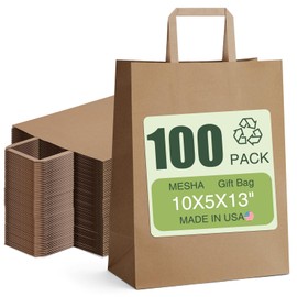 MESHA 100 Pack Kraft Paper Bags 10x5x13 Inch Brown, Large Shopping Paper Bags with Handles Bulk for Small Business, Gift Bag Retail Recycled Birthday Wedding Party Favors, Made In USA