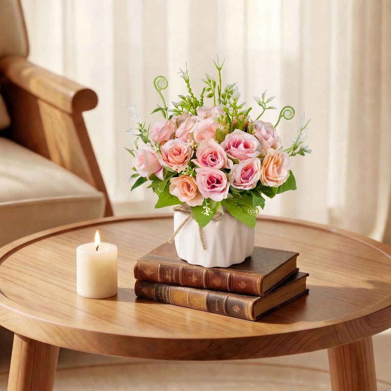 Mandarooker Fake Flowers with Vase,Pink Roses Artificial Flowers in Vase