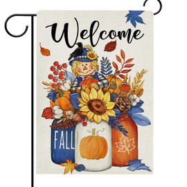 Hzppyz Welcome Fall Scarecrow Pumpkin Sunflower Garden Flag Double Sided, Autumn Harvest Mason Jar Decorative Yard Outdoor Home Small Decor, Maple Leaves Seasonal Burlap Outside House Decoration 12x18