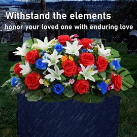 ALL SPECIAL Cemetery Saddle Flowers for Grave Headstone - Tombstone Flower Saddles in Patriotic Colors, Gravestone Decoration Saddles Floral Never Be Blown Away