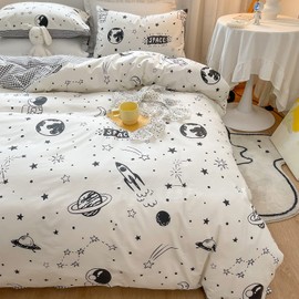 LIWHENHAO Space Duvet Cover Set 100% Cotton Full Queen Cartoon Rocket Astronaut Universe Planet Bedding 1 Black White Comforter Cover 2 Pillowcases for Kids Girls Boys Teens Woman