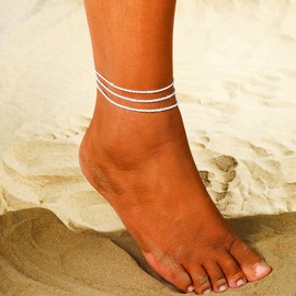 Rotnso Anklets for Women Real Sterling Silver Plated Adjustable Anklet Bracelets for Women Set Waterproof Layered Chain Link Foot Ankle Bracelets Stack Non Tarnish Summer Beach Jewelry Gift for Her