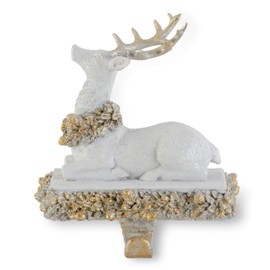 K&K Interiors 54237A 8 Inch White and Gold Glittered Sitting Reindeer Stocking Holder
