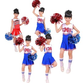 LOLANTA Girls’ Red & Blue Cheerleader Costume, Including Poms, Socks, Children's Cheerleader Outfit, Carnival Costume, Red, Size 130