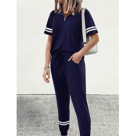 MASCOMODA 2 Piece Outfits for Women 2024 Summer Casual Quarter Zip Short Sleeve Tops Long Pants Tracksuit Jogger Lounge Sets(Navy,X-Large)