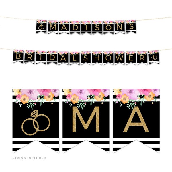 Andaz Press Floral Gold Glitter Print Wedding Collection, Personalized Hanging Pennant Party Banner with String, Madison's Bridal Shower, 8-Feet, 1 Set, Custom Made