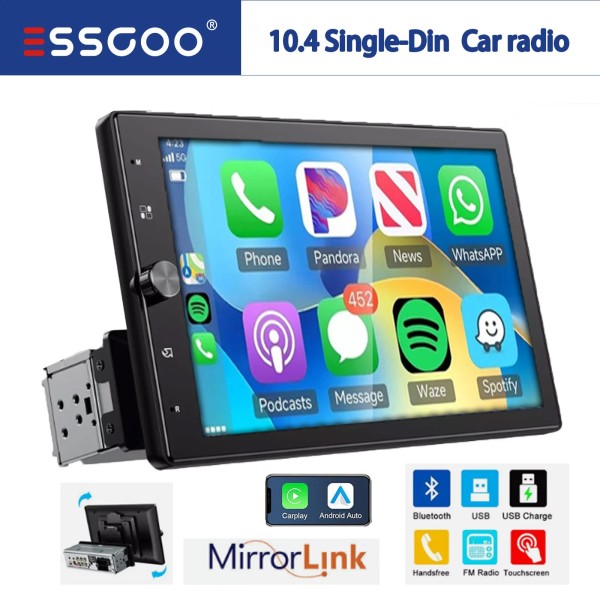 ESSGOO Single 1Din Apple/Android Carplay 10.4" Car Stereo Radio Bluetooth