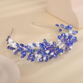 Teyglen Bridal Wedding Crystal Headband Blue Rhinestone Pearl Beads Headband Hair Crown Handmade Leaf Headpiece Hair Accessories for Women Party Prom (Blue)