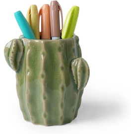 Ceramic Pen Holder, Cactus Pen Holder, Cute Pen Holder for Desk, Pen Stand Makeup Brush Holder for School, Home, Office (Roud Catus)