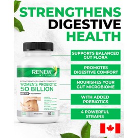 RENEW ACTIVES Probiotics for Women 50 Billion CFU per 2 Capsules– MAKTREK Technology, 4 Probiotic Strains & Prebiotic Blend– Supports Digestion Health & Gut Flora Balance – Made in Canada– 60 Capsules
