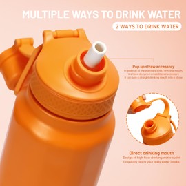 pluseight 32 oz Insulated Water Bottle With Straw, Stainless Steel Water Bottle Wide Mouth for Sports, Gym or Office, BPA-Free Keep Cold 24H Hot 12H (Orange)