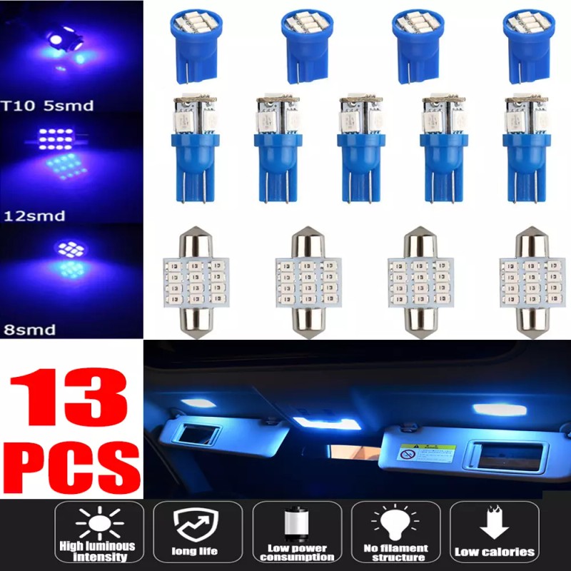 SHENKENUO 13pcs Blue LED Lights Interior Package Kit Car Dome
