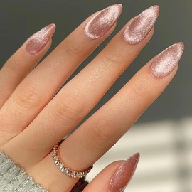 GLAMERMAID GLAMERMAID Nude Pink Magnet Cat Eyes Press on Nails Short Almond, Handmade Jelly Gel Fake Nail Kit, Aurora Ombre Glitter Magnetic Glue on Nail Stiletto, Pure Medium Oval Stick on False Nail for Women
