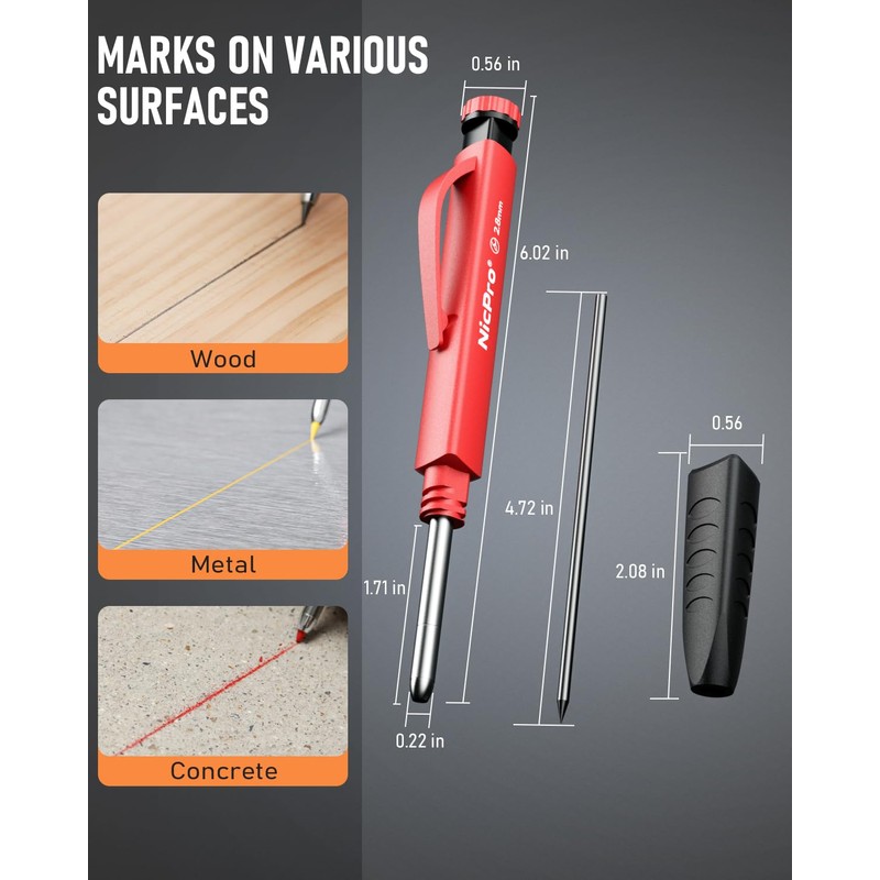 Nicpro Carpenter's Pencils Set, 2 Solid Carpenter's Pencils with Case,