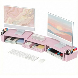 OPNICE Desk Organizers and Accessories, Dual Monitor Stand Riser with Drawer and 2 Pen Holders, Desk Shelf Metal Computer Racks for Office Workspace Organizers, Desktop Organization (Pink Metal)