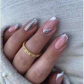 SINLOV 24pcs Square False Nails Pink Glitter Print on False Nails Long Artificial Finger Nails Full Cover False Nails for Women and Girls