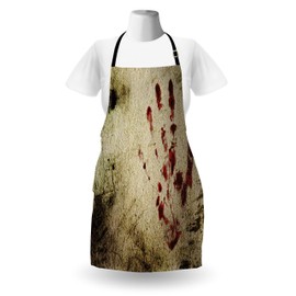 Ambesonne Horror House Apron, Grunge Dirty Wall Bloody Hand Print Murky Palm Trace Victim Violence, Unisex Kitchen Bib with Adjustable Neck for Cooking Gardening, Adult Size, Beige Red