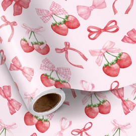 LeZakaa Pink Bow Wrapping Paper Roll - Mini Roll - Cute Red Strawberry Ribbon Bows Design - Gift Wrap for Girls Birthday Baby Shower Valentines, 17 Inches x 16.4 Feet
