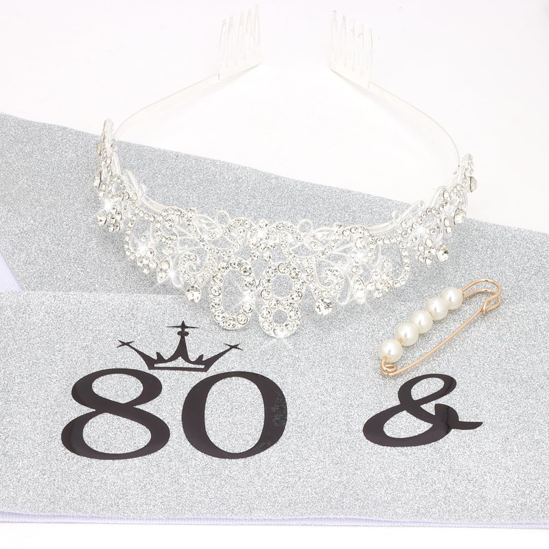 KIUEZIR Silver 80th Crystal Birthday Headband and Sash Set